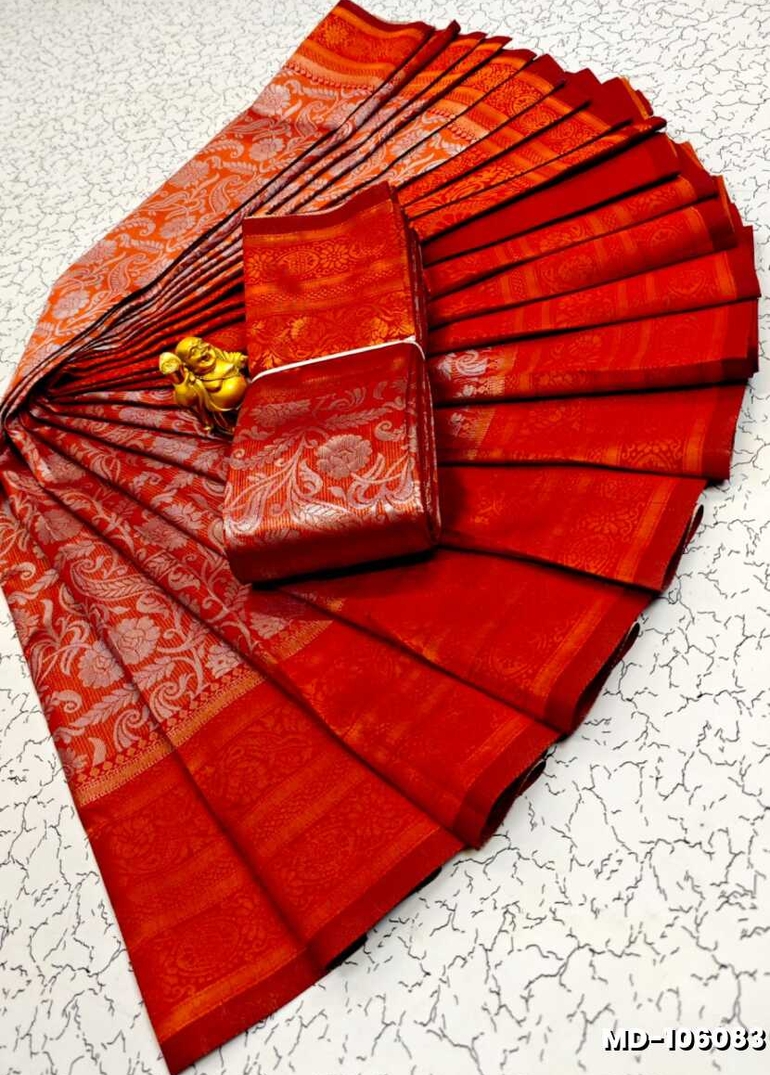 KUBERA TISSUE ELITE  BRIDAL RAPIER FANCY  LIGHT WEIGHT SILK TYPE  MEHANDI DESIGNER SAREES - TOMATO COLOUR