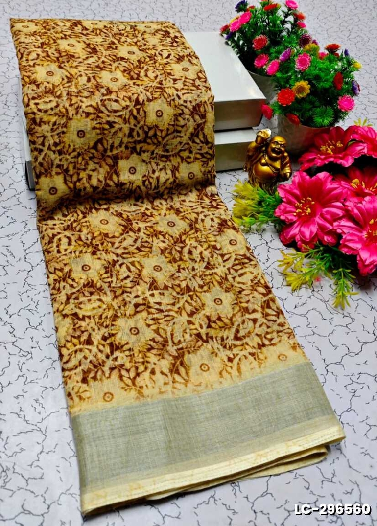 DIGITAL PRINTING LINEN COTTON SAREES - CREAM COLOR (2)