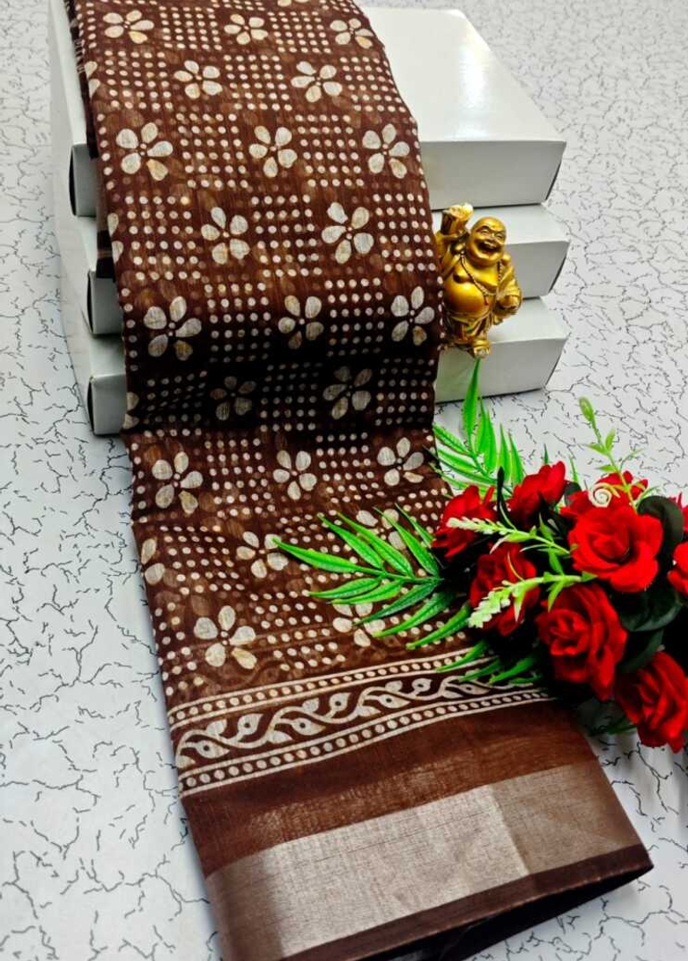 DIGITAL PRINTING LINEN COTTON SAREES - COFEE BROWN (1)