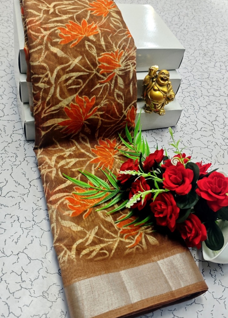 DIGITAL PRINTING LINEN COTTON SAREES - BRONCE COLOUR (1)