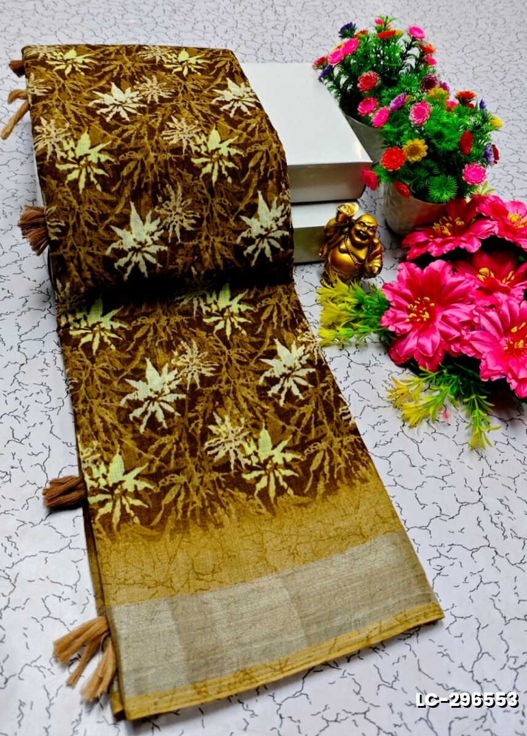 DIGITAL PRINTING LINEN COTTON SAREES - BROWN (2)