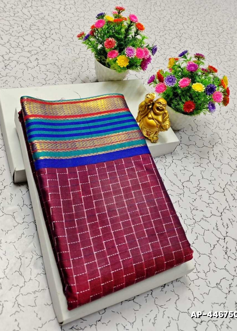 AARANI PATTU FANCY  STAR CHECKED SOFT  SILK LIGHT WEIGHT  SAREES - MEJANTA