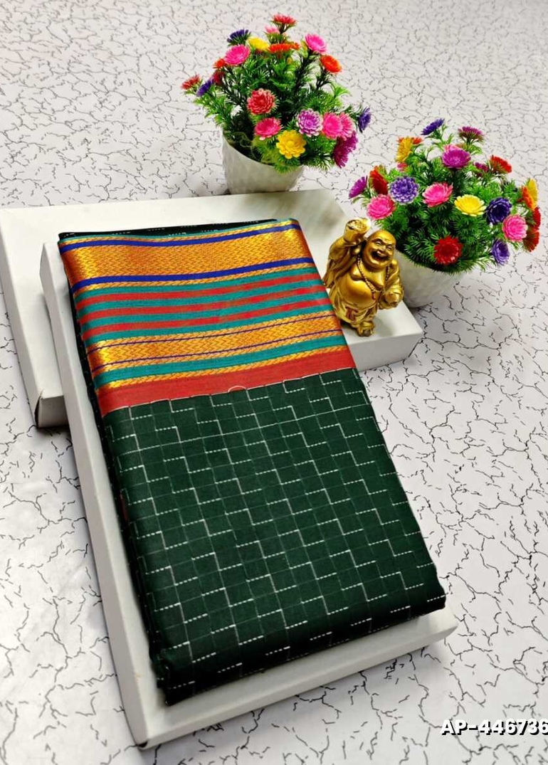 AARANI PATTU FANCY  STAR CHECKED SOFT  SILK LIGHT WEIGHT  SAREES - BOTTLE GREEN