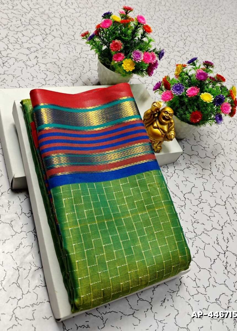 AARANI PATTU FANCY  STAR CHECKED SOFT  SILK LIGHT WEIGHT  SAREES - GREEN