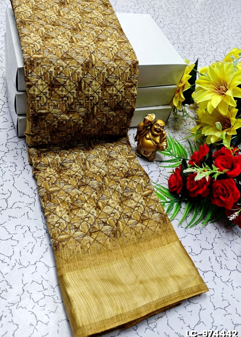 DIGITAL PRINTING LINEN COTTON SAREES - LIGHT PEACH