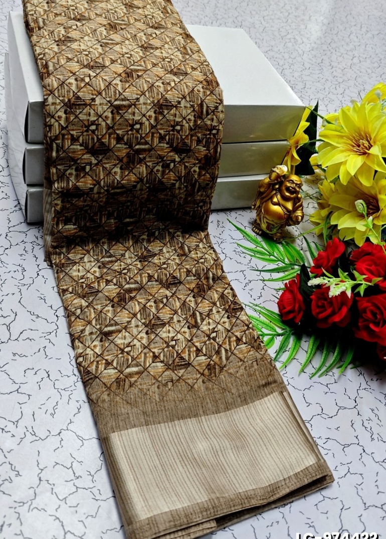 DIGITAL PRINTING LINEN COTTON SAREES - COFEE BROWN (2)