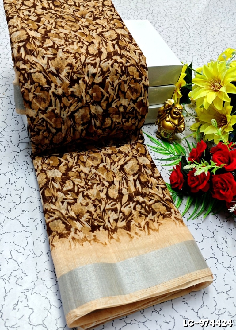DIGITAL PRINTING LINEN COTTON SAREES - COFEE COLOR (1)