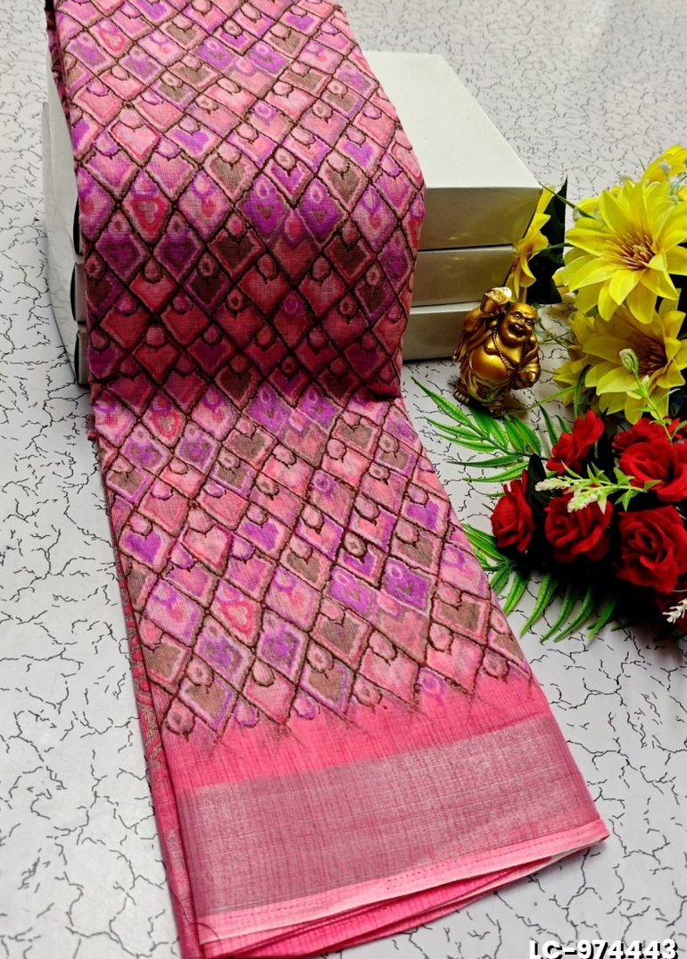 DIGITAL PRINTING LINEN COTTON SAREES - LIGHT PINK