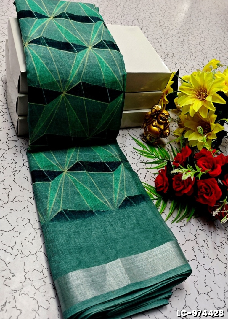 DIGITAL PRINTING LINEN COTTON SAREES - BULE