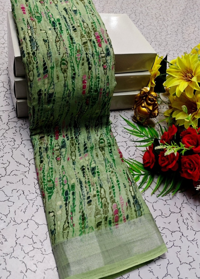DIGITAL PRINTING LINEN COTTON SAREES - EMERALD COLOUR