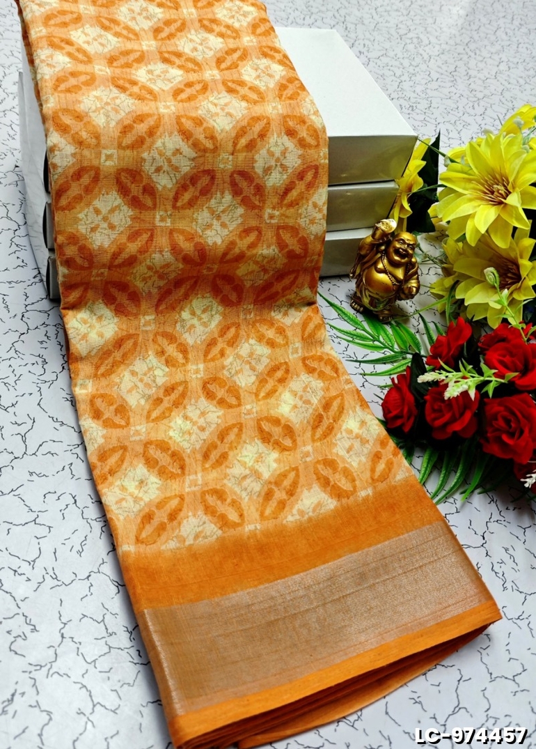 DIGITAL PRINTING LINEN COTTON SAREES - LIGHT ORANGE (2)