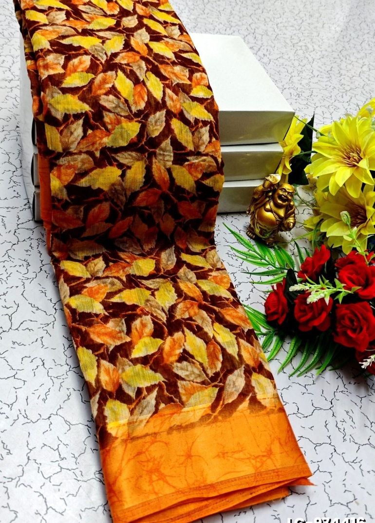 DIGITAL PRINTING LINEN COTTON SAREES - ORANGE (1)
