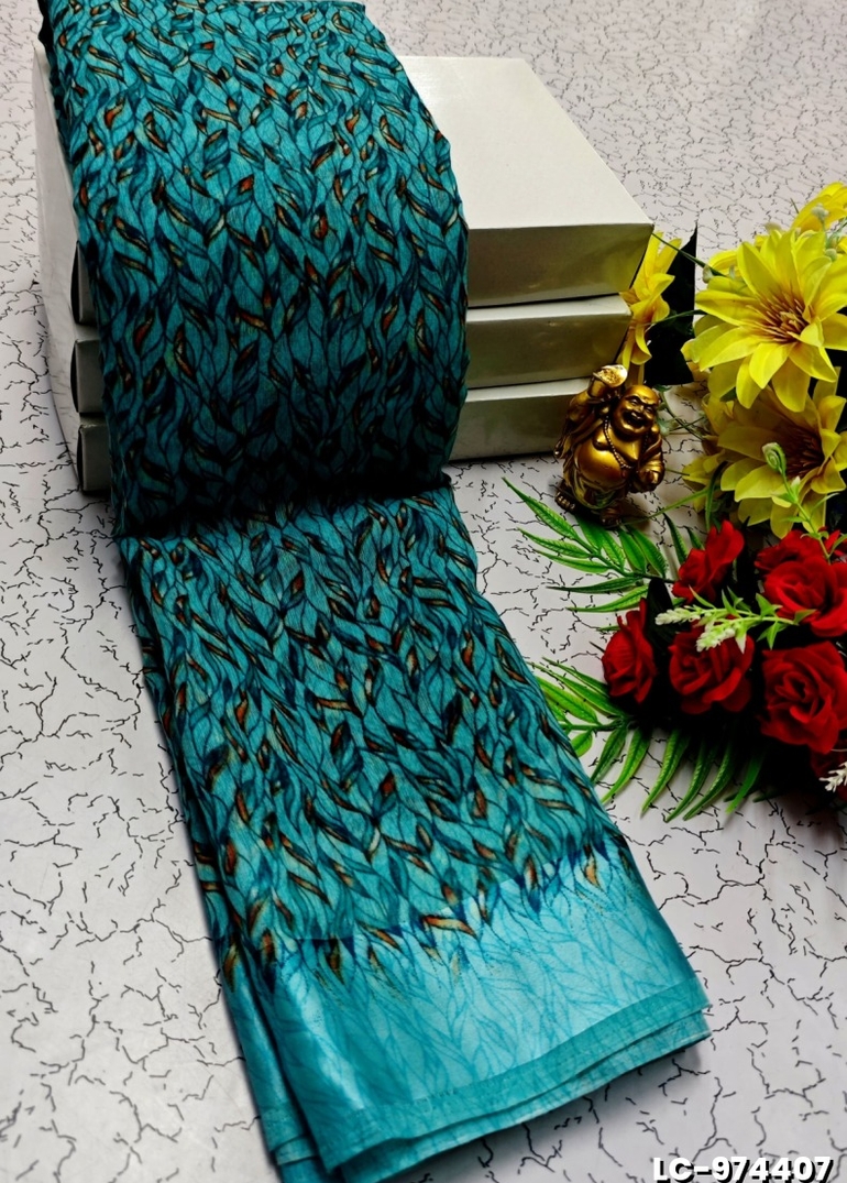 DIGITAL PRINTING LINEN COTTON SAREES - TEAL COLOUR (1)