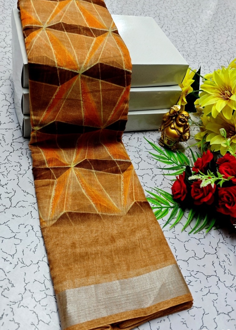 DIGITAL PRINTING LINEN COTTON SAREES - ORANGE N