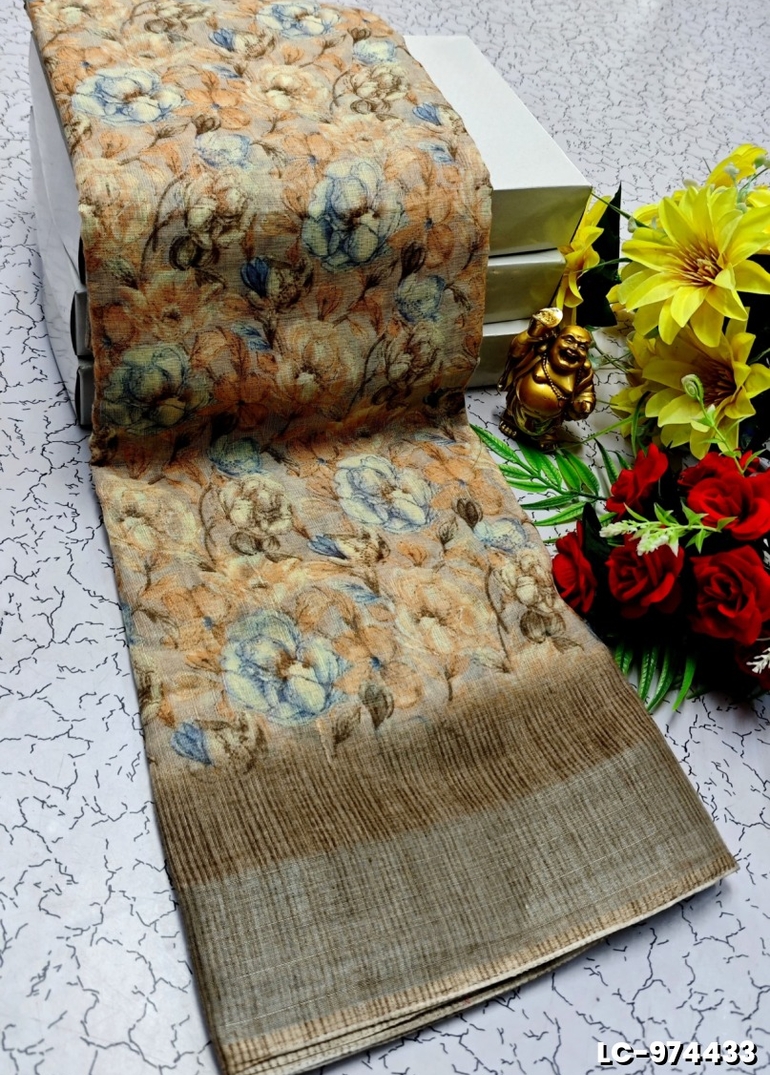 DIGITAL PRINTING LINEN COTTON SAREES - CREAM (1)