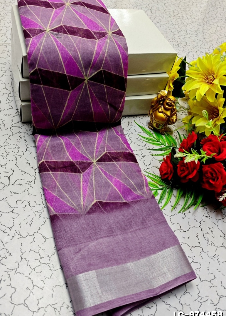 DIGITAL PRINTING LINEN COTTON SAREES - PURPLE