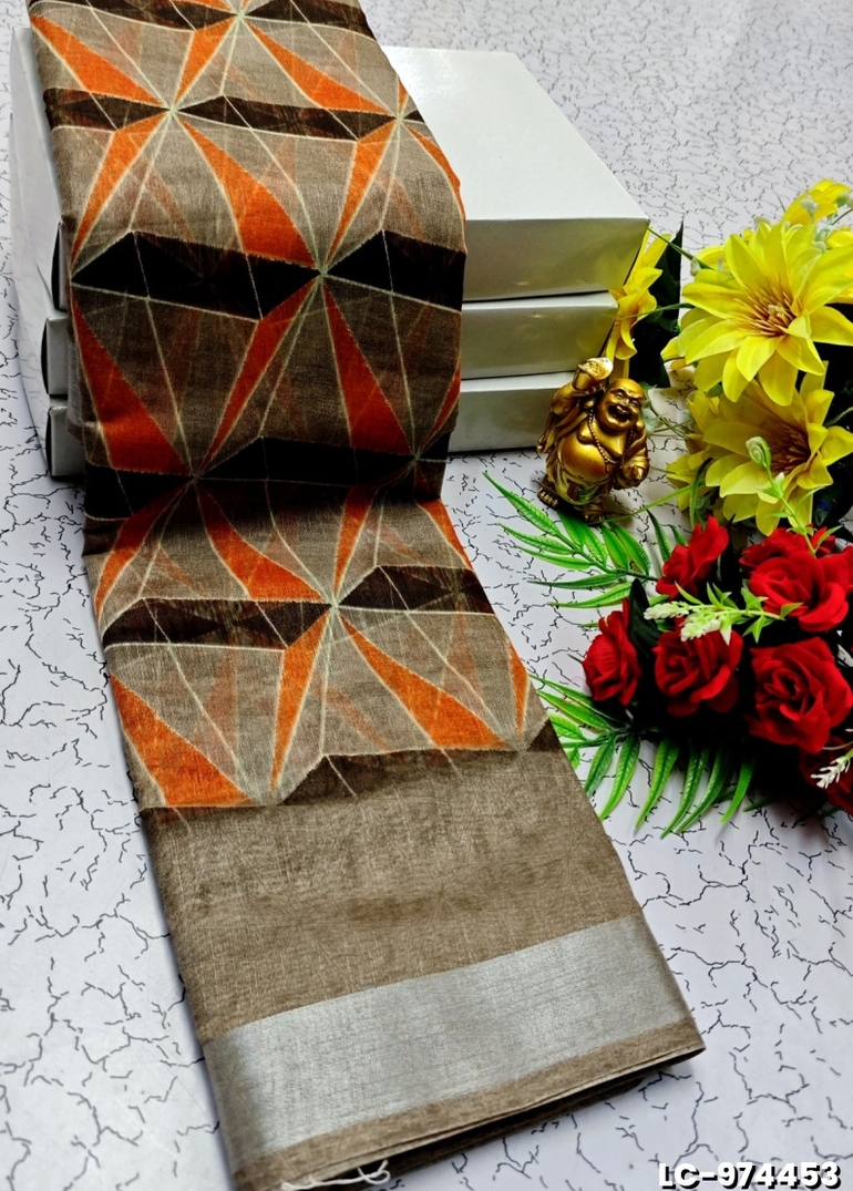 DIGITAL PRINTING LINEN COTTON SAREES - BROWN (3)