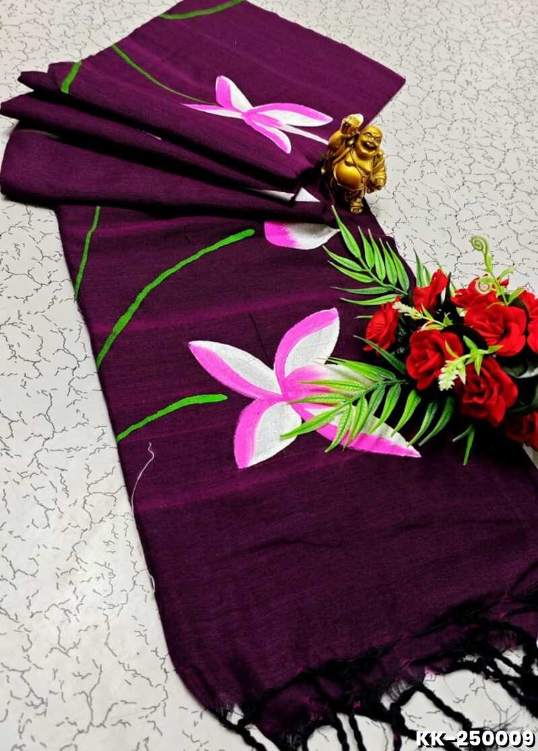 Handloom Khadi Cotton Saree With Hand Painted  Work - PURPLE COLOUR (1)