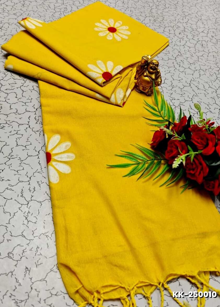 Handloom Khadi Cotton Saree With Hand Painted  Work - YELLOW (1)