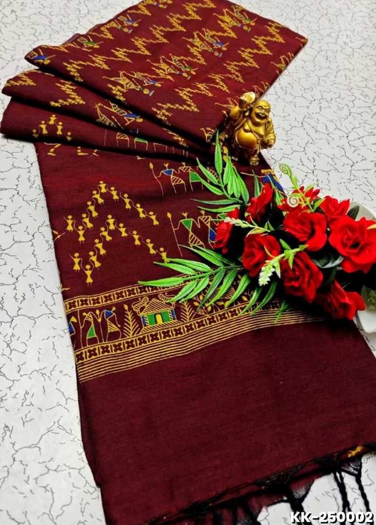 Handloom Khadi Cotton Saree With Hand Painted  Work - MERUN (1)