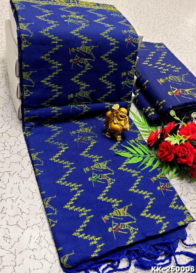 Handloom Khadi Cotton Saree With Hand Painted  Work - ROYAL BLUE (1)