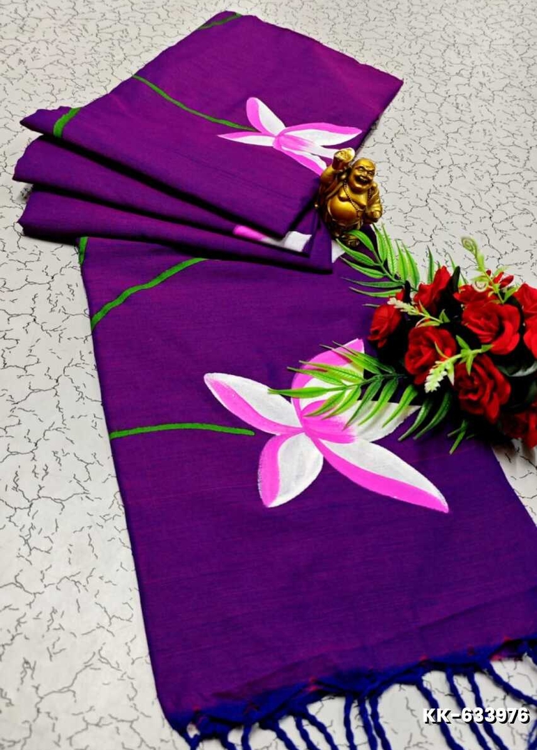 Handloom Khadi Cotton Saree With Hand Painted  Work - PLUM COLOUR
