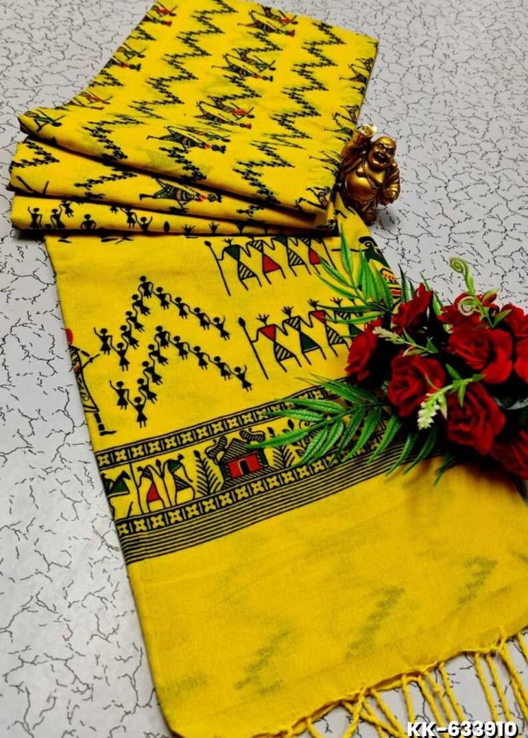 Handloom Khadi Cotton Saree With Hand Painted  Work - YELLOW (2)