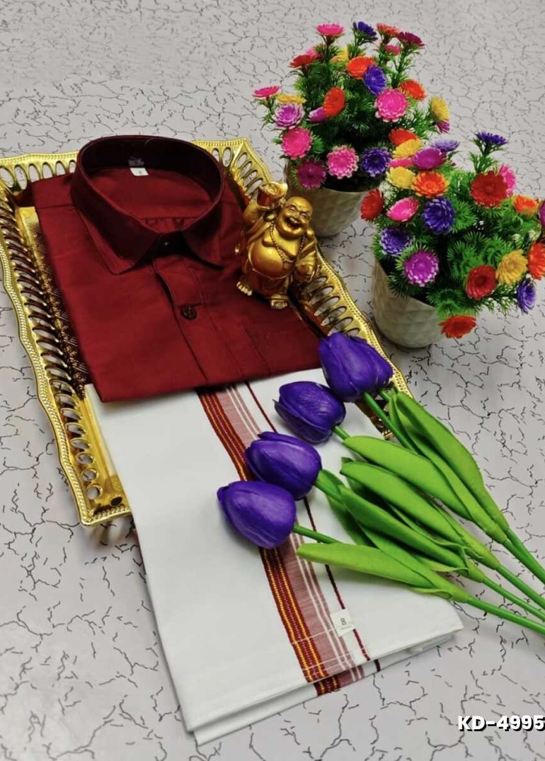 SHIRTS & DHOTIS COMBO FOR MENS ADJUSTABLE DHOTIS WITH COLOUR MATCHING BORDER BEST CHOICE FOR BOYS - MERUN