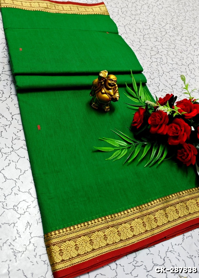 PURE COTTON JARI BORDER SAREES SUMMER SPECIAL COLLECTION - DARK GREEN