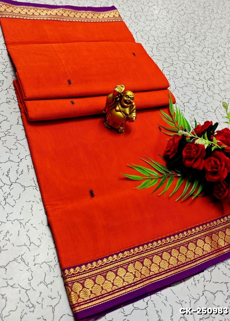 PURE COTTON JARI BORDER SAREES SUMMER SPECIAL COLLECTION - TOMATO COLOUR