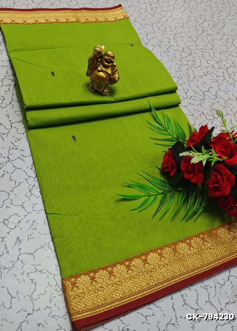 PURE COTTON JARI BORDER SAREES SUMMER SPECIAL COLLECTION - PESTA GREEN