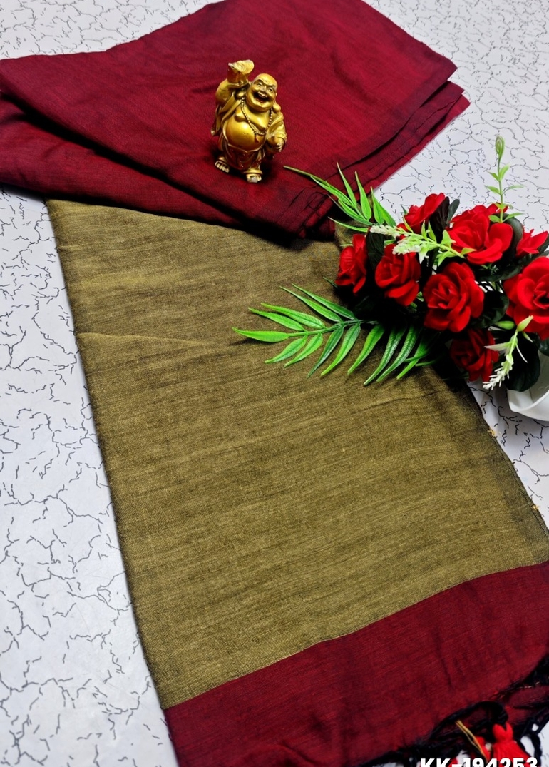 HANDLOOM KHADI COTTON SAREE WITH HAND PAINTED WORK - BROWN