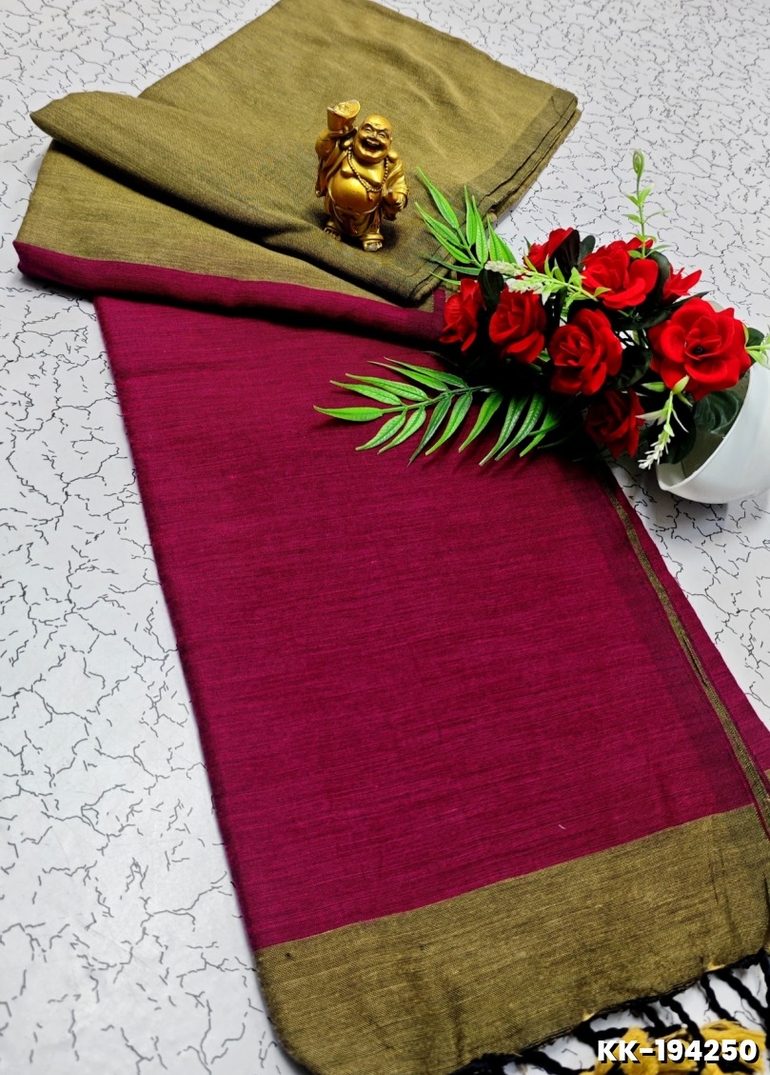 HANDLOOM KHADI COTTON SAREE WITH HAND PAINTED WORK - MEJANTA