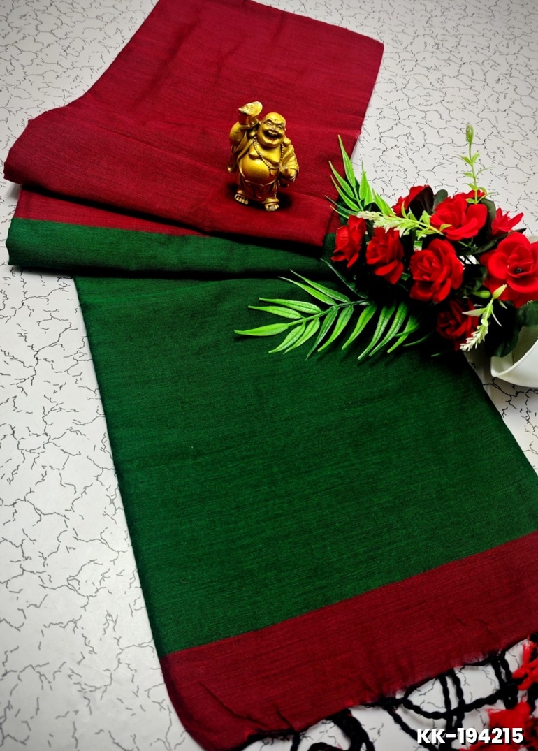 HANDLOOM KHADI COTTON SAREE WITH HAND PAINTED WORK - GREEN