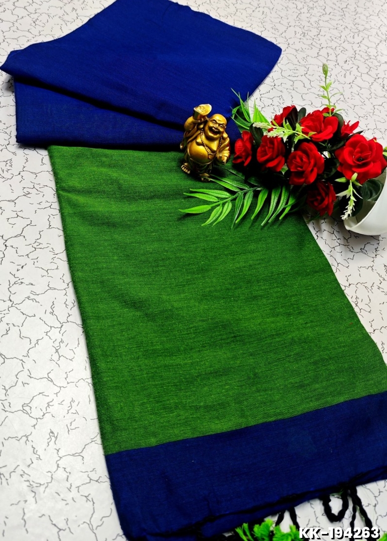 HANDLOOM KHADI COTTON SAREE WITH HAND PAINTED WORK - GREEN COLOUR