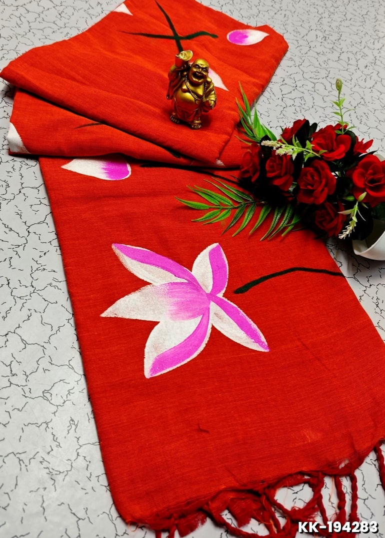 HANDLOOM KHADI COTTON SAREE WITH HAND PAINTED WORK - TOMATO COLOUR