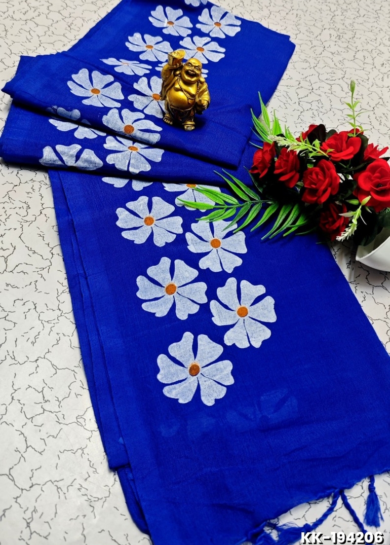 HANDLOOM KHADI COTTON SAREE WITH HAND PAINTED WORK - ROYAL BLUE (1)