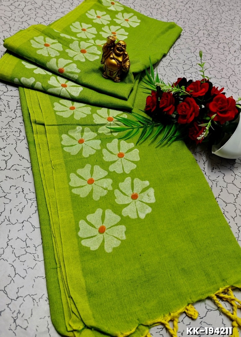 HANDLOOM KHADI COTTON SAREE WITH HAND PAINTED WORK - PARET GREEN