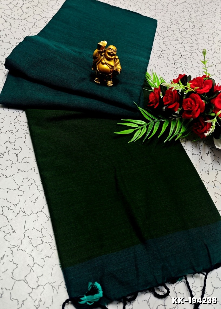 HANDLOOM KHADI COTTON SAREE WITH HAND PAINTED WORK - DARK GREEN
