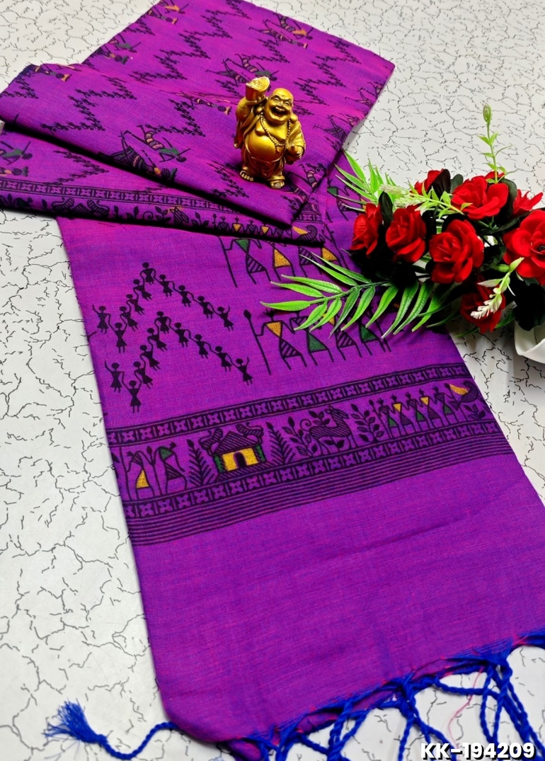 HANDLOOM KHADI COTTON SAREE WITH HAND PAINTED WORK - PURPLE COLOUR (1)