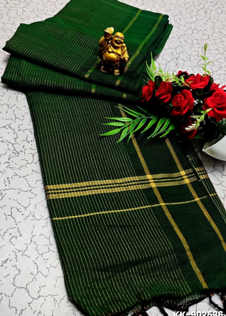 Handloom Khadi Cotton Saree With Hand Painted  Work - BOTTLE GREEN (1)