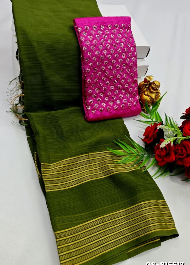 GEORGETTE FANCY SOFT SILK SAREES WITH BLOUSE MODERN FANCY SAREES- OLIVE GREEN