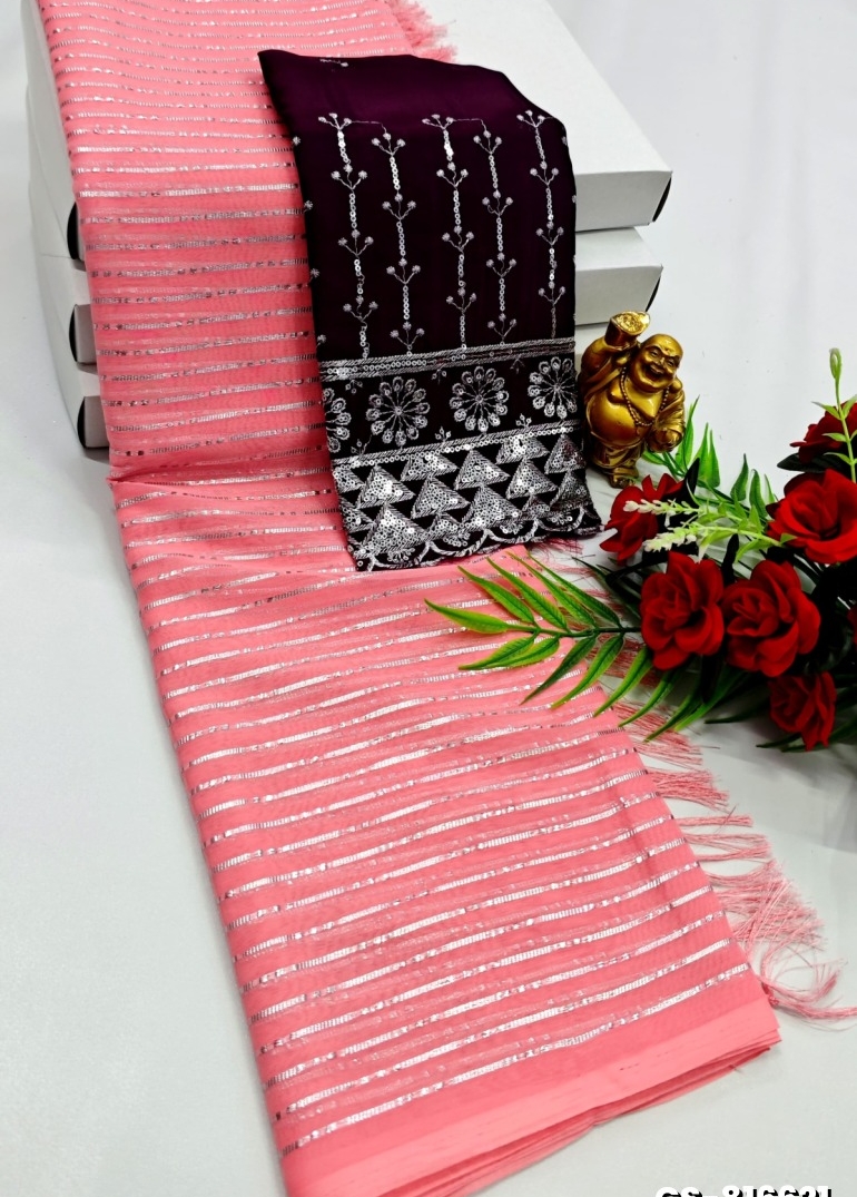 GEORGETTE FANCY SOFT SILK SAREES WITH BLOUSE MODERN FANCY ITEM SAREES - BABY PINK (1)