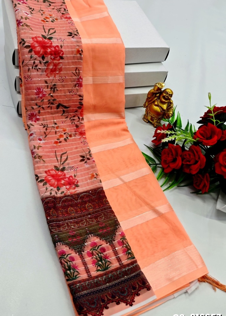 GEORGETTE FANCY SOFT SILK SAREES WITH BLOUSE MODERN FANCY SAREES - LIGHT ORANGE