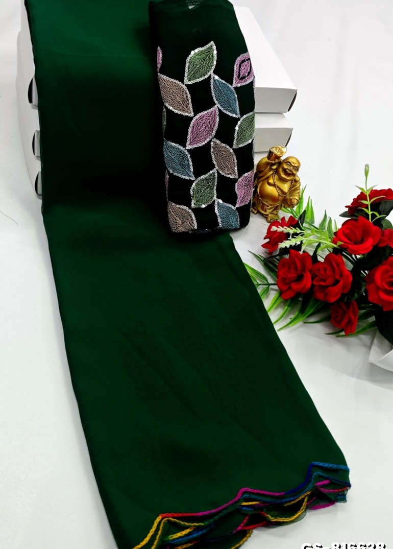GEORGETTE FANCY SOFT SILK SAREES WITH BLOUSE MODERN FANCY ITEM SAREES - DARK GREEN (1)