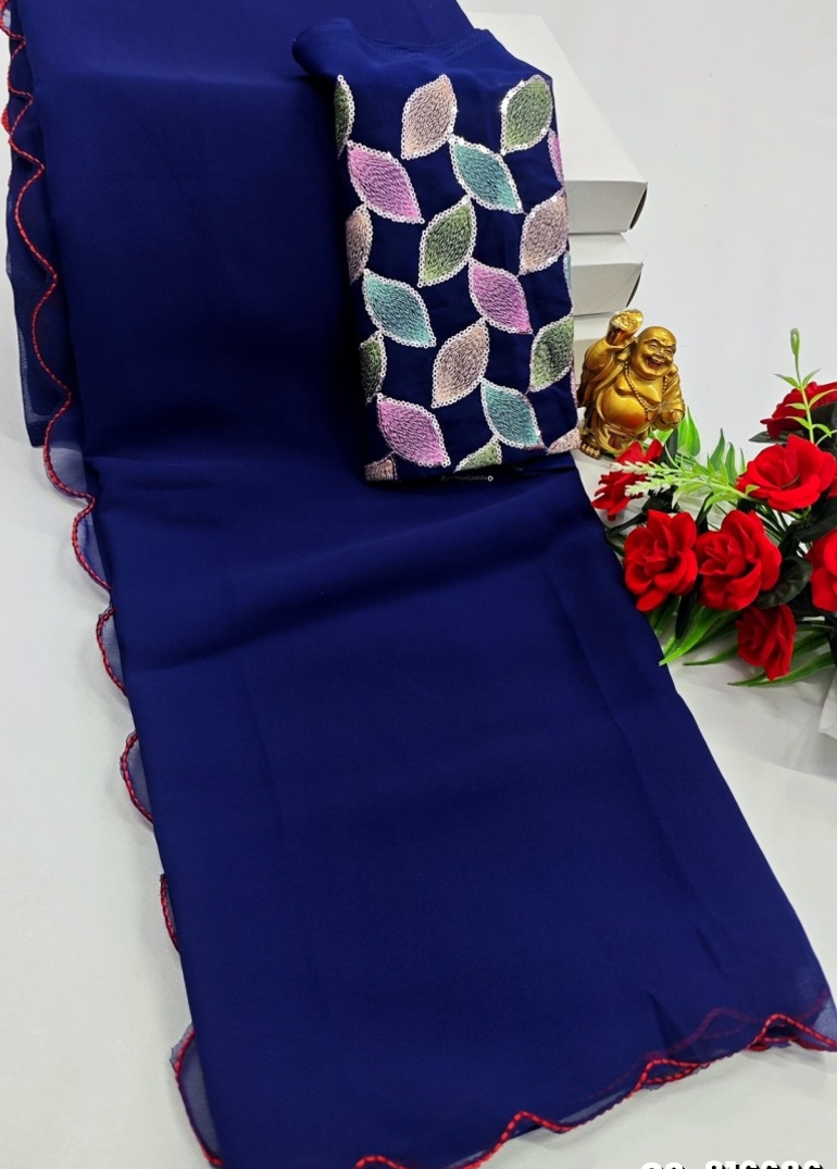 GEORGETTE FANCY SOFT SILK SAREES WITH BLOUSE MODERN FANCY  SAREES - R BLUE