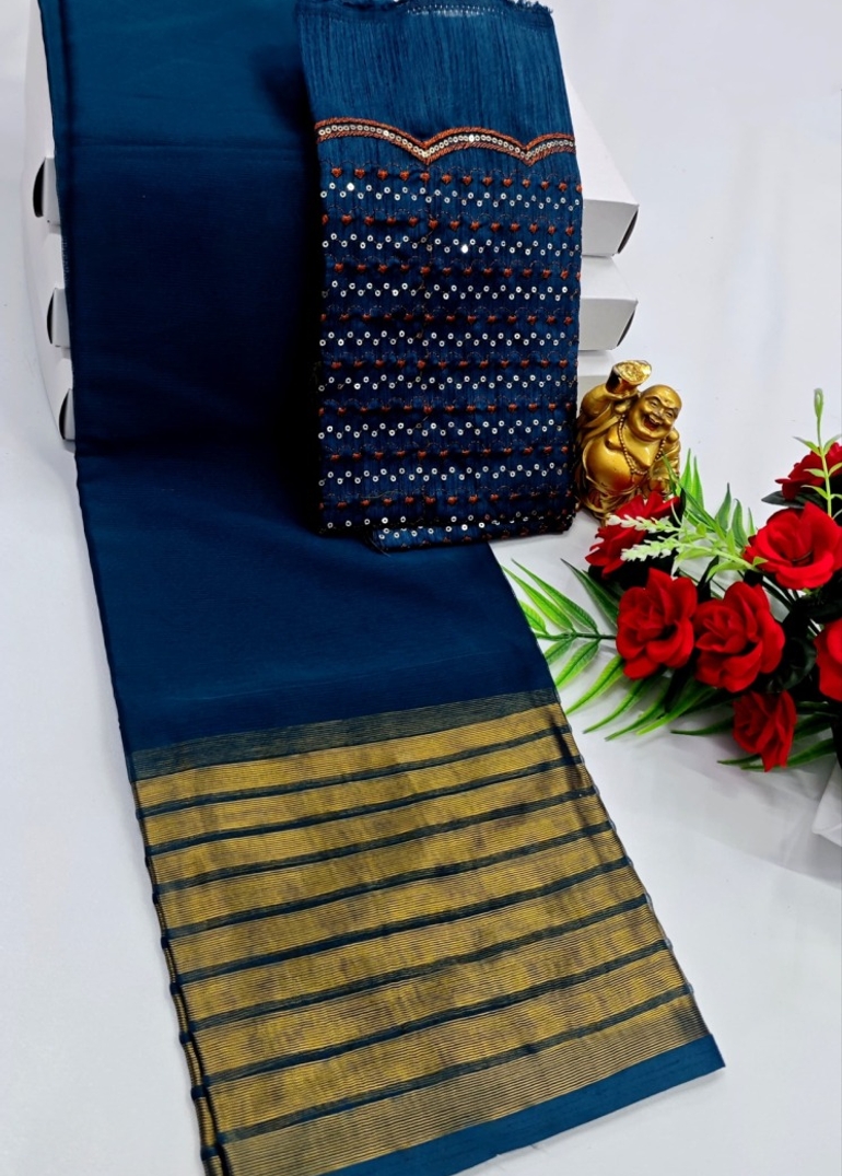 GEORGETTE FANCY SOFT SILK SAREES WITH BLOUSE MODERN FANCY  SAREES - PEACKOK BLUE