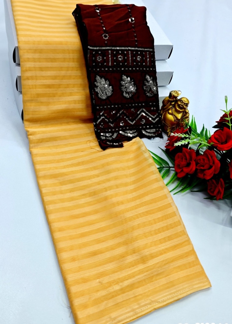 GEORGETTE FANCY SOFT SILK SAREES WITH BLOUSE MODERN FANCY ITEM SAREES - LIGHT YELLOW (1)