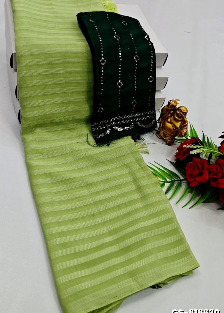 GEORGETTE FANCY SOFT SILK SAREES WITH BLOUSE MODERN FANCY ITEM SAREES - PESTA GREEN