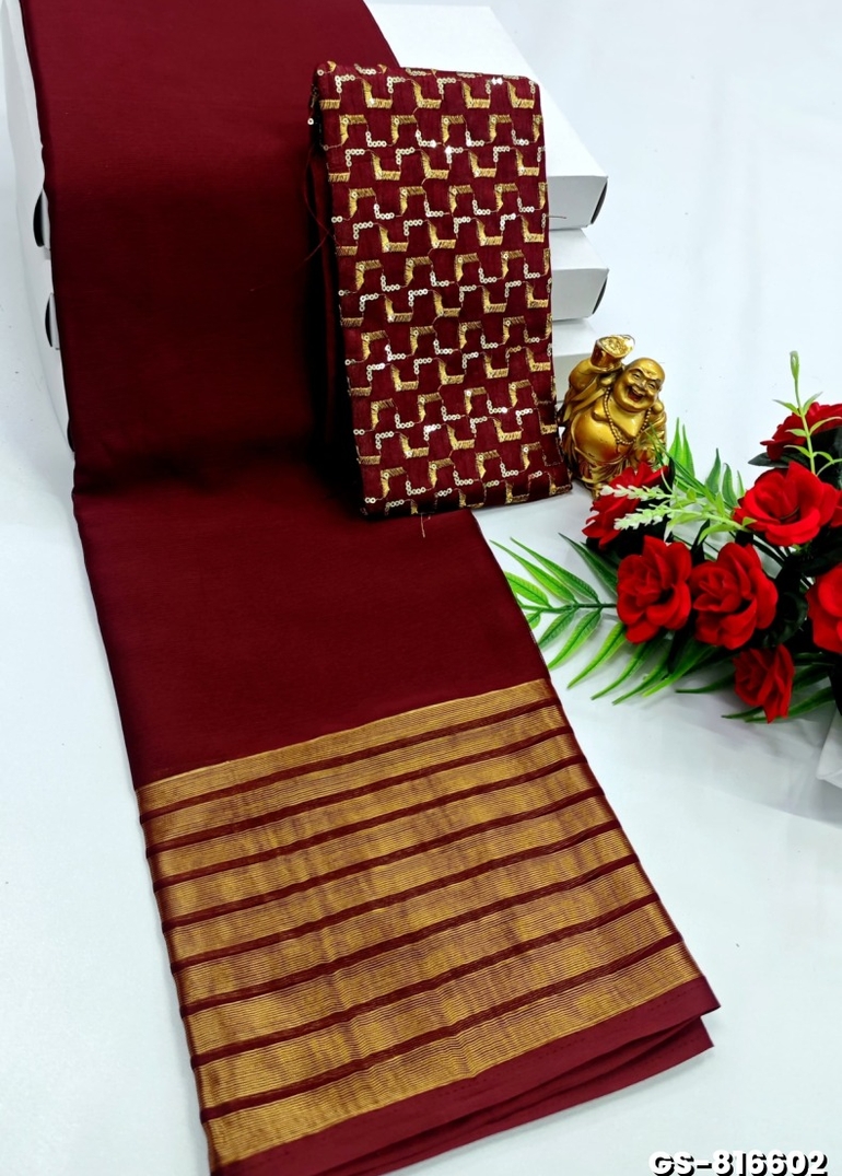 GEORGETTE FANCY SOFT SILK SAREES WITH BLOUSE MODERN FANCY ITEM SAREES - MERUN (1)